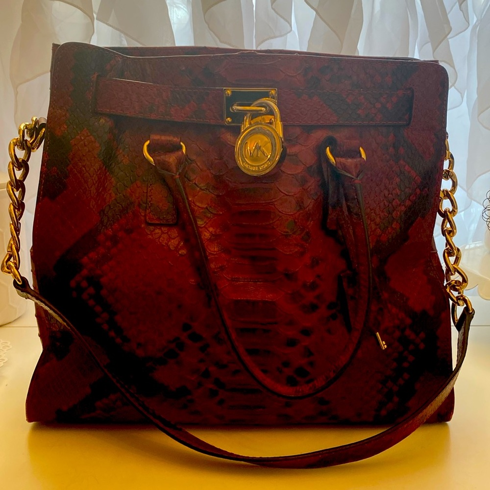 Beautiful faux snakeskin red Michael Kors tote bag